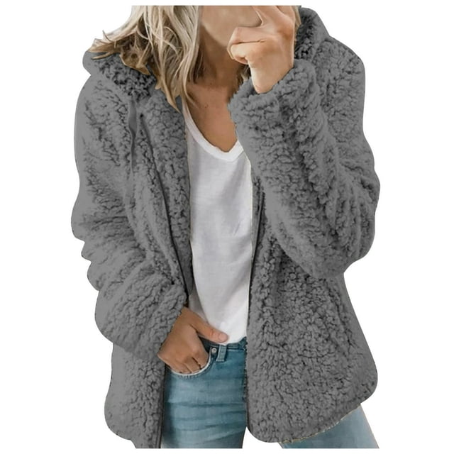 Womens Fuzzy Fleece Jackets 2023 Clearance Solid Zipper Sharpa Coat Fall Winter Warm Thick Hooded Jacket with Pockets