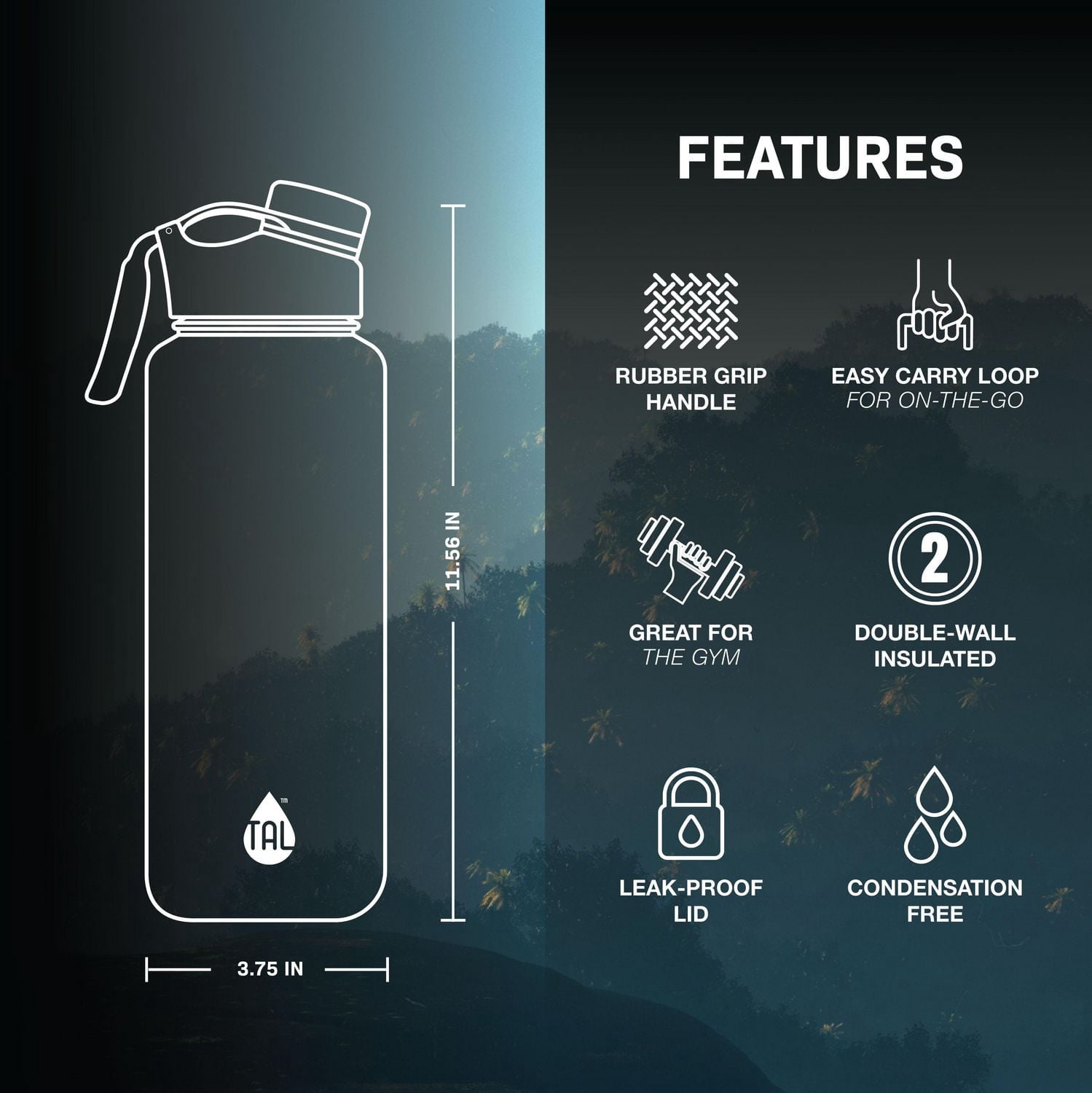 TAL Ranger Bouteille d'eau en acier inoxydable 40 fl oz, noir