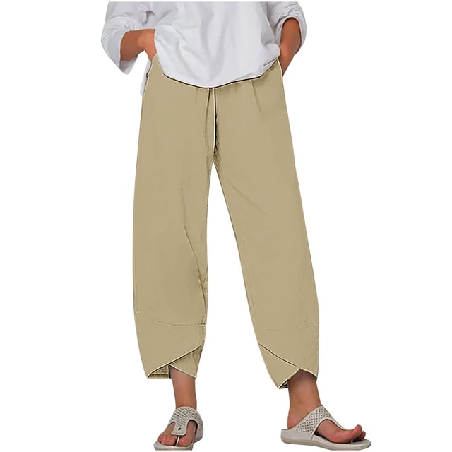 Timegard Plus Size Pants for Women Elastic Waist Solid Color Comfy Fall Casual Crop Pants with Pockets
