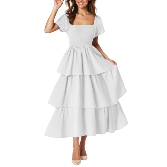 yoeyez Robes d'Été pour Femmes à Manches Courtes Volantées, Encolure Carrée, Robe Midi Smockée, à Étages, Plage, Vacances, Fluide, Coupe Évasée, Blanc, G