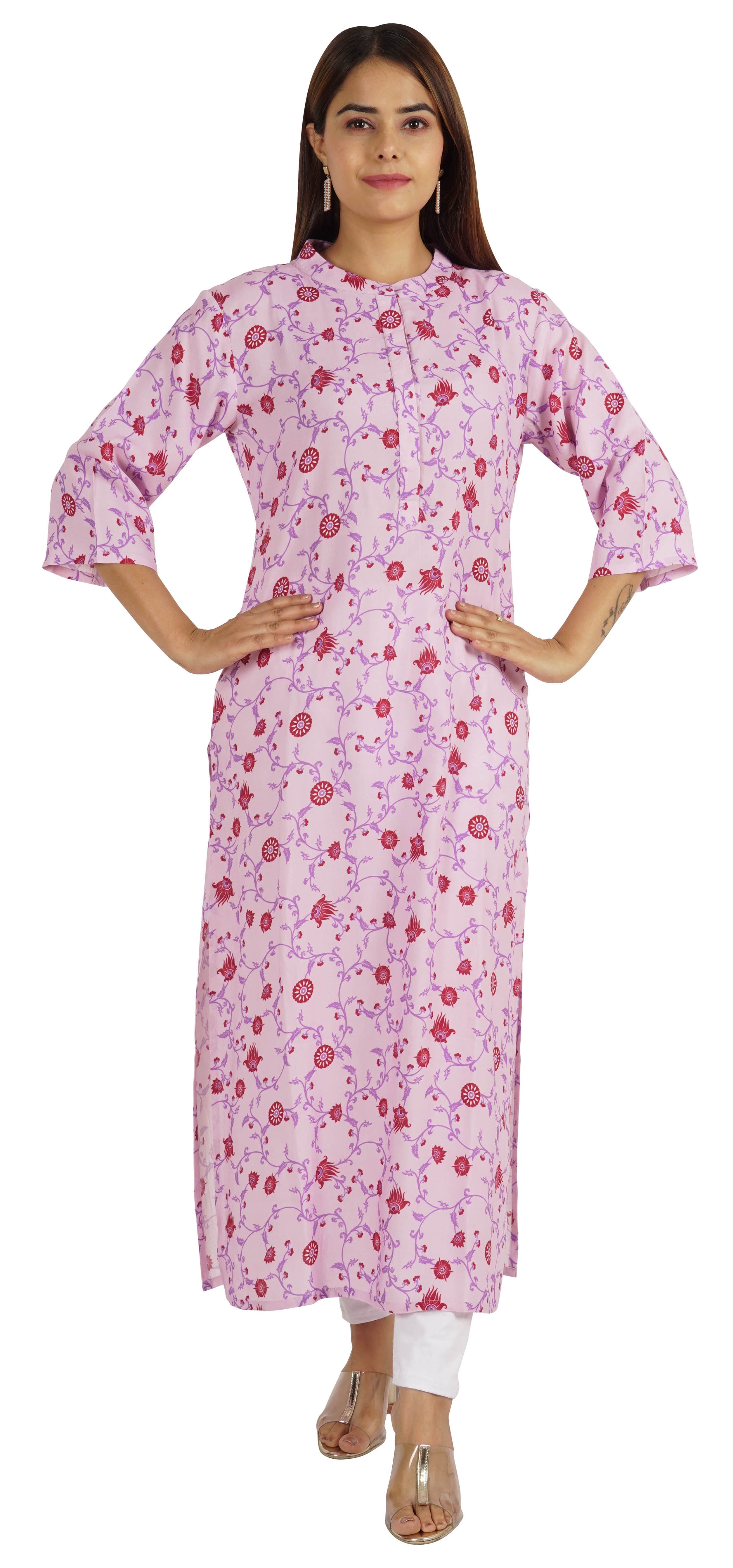 Moomaya Kurti Ethnique Indienne Imprimée pour Femmes, Col Mandarin, Longue Kurta Droite avec Poches