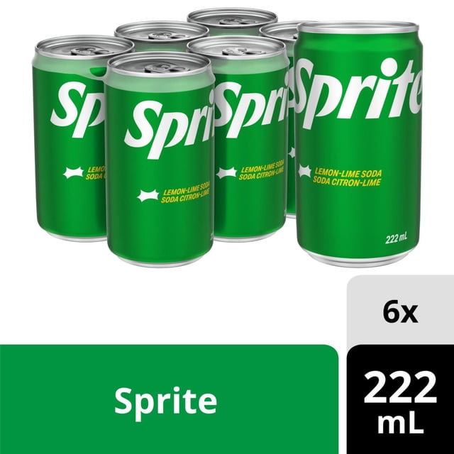Sprite 222mL Mini-Cans 6 Pack with six green aluminum cans featuring the white Sprite logo and yellow lemon-lime soda text, each can holding 222 milliliters, arranged in a staggered formation on a white background, ideal for a crisp, caffeine-free citrus refreshment.
