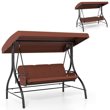 Costway Balançoire de Patio 3 Places avec Auvent avec Coussins Amovibles et Poches Latérales Support Brun