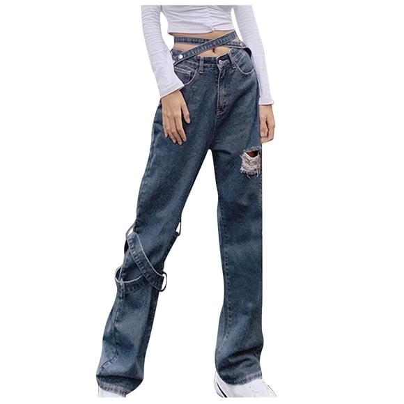 Bigersell Black Skinny Jeans for Men Wide Leg Jeans Deals Black Skinny Jeans Ladies Slim-Leg Denim Pants Button Closure Distressed Trouser Jeans Female Loose High Waist Cropped Pants Style J-6 Blue L