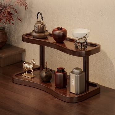 Two-Tier Desktop Organizer Shelf for Cosmetics, Perfumes, Books, and Office Supplies, Walnut Finish Step Rack with Durable Wood Construction, Space-Saving Design for Home and Dorm