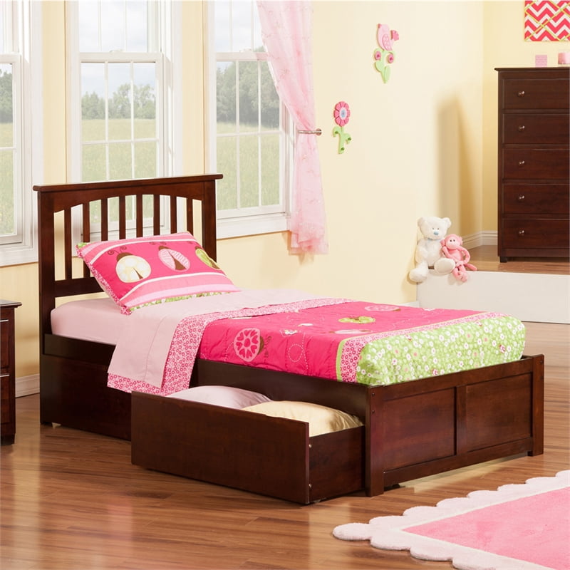 Mission Lit Plateforme Simple en Bois avec Pied de Lit et Tiroirs de Rangement en Noyer