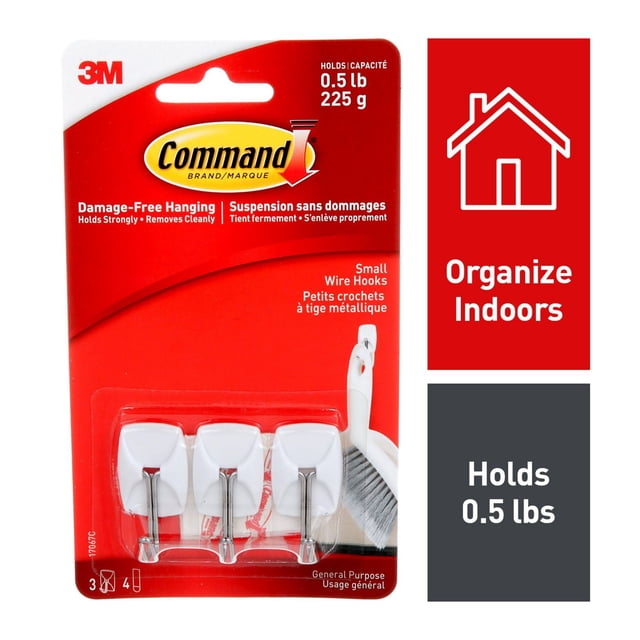CommandTM Wire Hooks 17067C Petit Lot de Trois avec bases en Plastique Blanches et Crochets en Fil Métallique, Conçus pour une Suspension et une Capacité de Charge Sans Dommages jusqu'à 0,5 lb, Crochets Utilitaires Idéaux pour Organiser à l'Intérieur sur Diverses surfaces, Y Compris la Peinture, le Bois et le Carrelage.