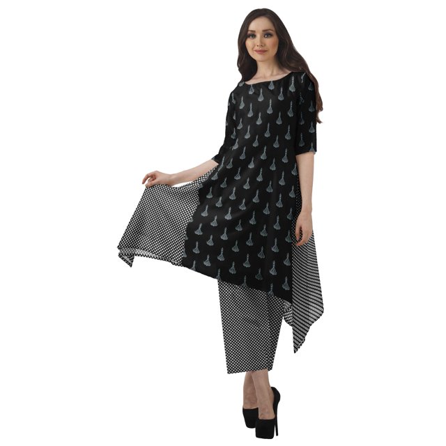 Moomaya Ensemble Kurti Kurta Pantalon pour Femmes Col Bateau Imprimé Robe 2 Pcs Tenue Ethnique