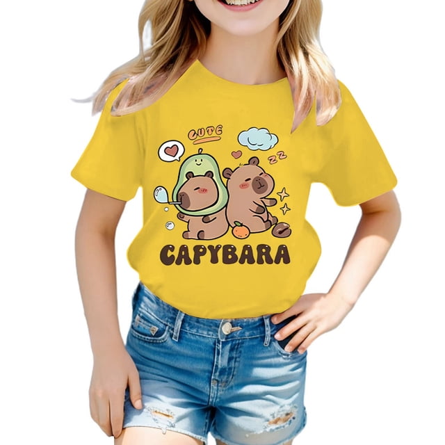 LYHaoo T-Shirt à Manches Courtes Décontracté à Col Rond Imprimé Animal de Dessin Animé pour Filles, Col Rond Tailles 4-6 Ans
