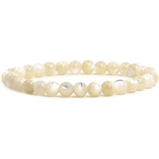Bracelet Extensible Unisexe en Perles Rondes 6 mm en Coquille de Nacre Naturelle 6,5 Pouces