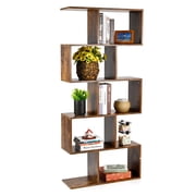 5-Tier Geometric Bookcase, 62" Wooden S-Shaped Book Shelves with Anti-Collapse Device Design, Modern Freestanding Decorative Display Shelf for Home Office, Living Room, Bedroom and Study Room