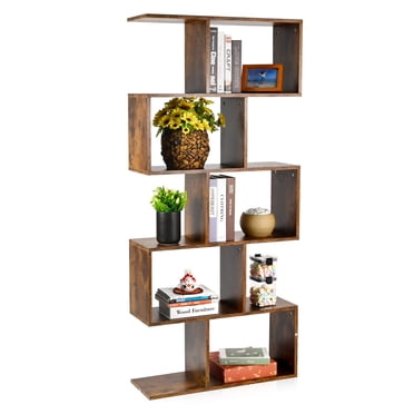 Bibliothèque Géométrique à 5 Niveaux, Étagères à Livres en Bois en S de 62 Pouces avec Dispositif Anti-Effondrement, Étagère d'Exposition Décorative Autoportante Moderne pour Bureau à Domicile, Salon, Chambre et Salle d'Étude