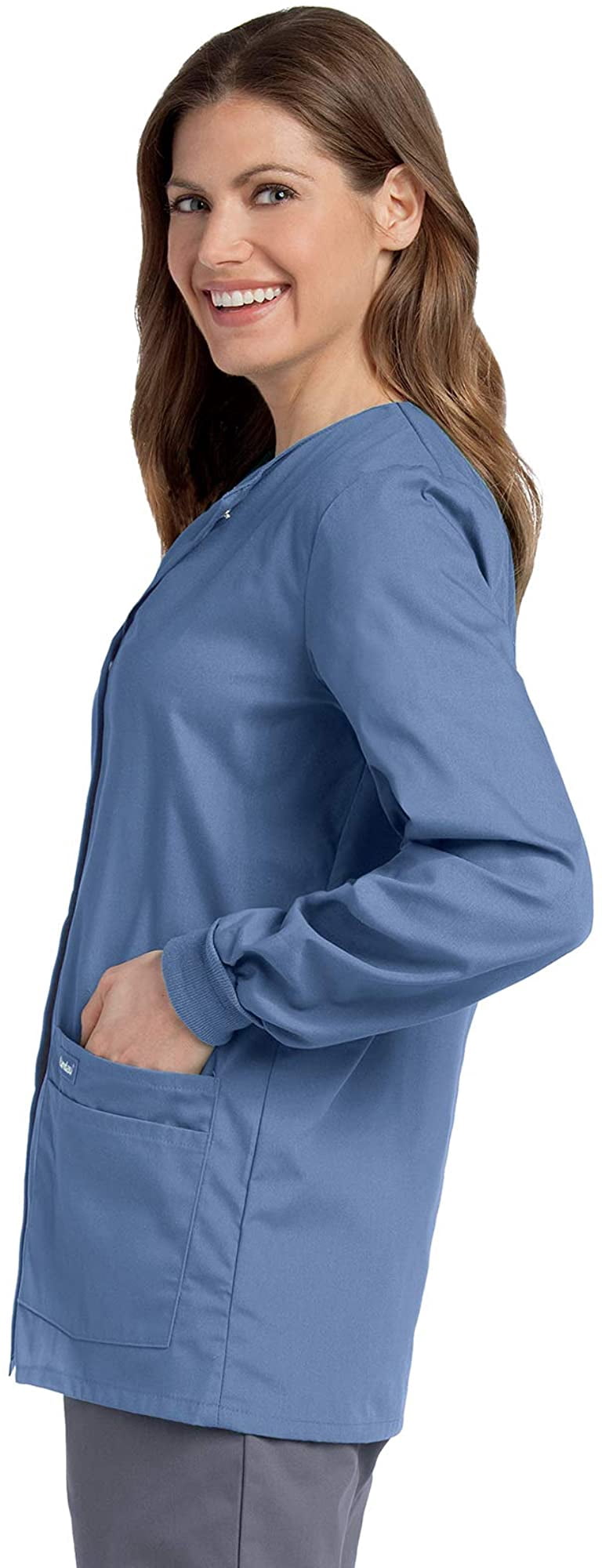 Landau Essentials Women's Classic Relaxed Fit 4 Pocket Crew Neck Scrub Jacket