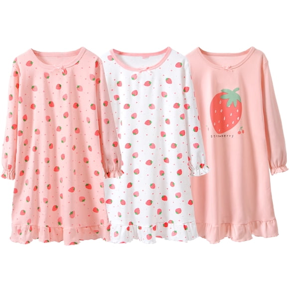 Rimyaw Girls Long Sleeve Nightgowns Dresses 3 Pack Pink Valentines Day Sleepwear Clothes Size 3T 4T