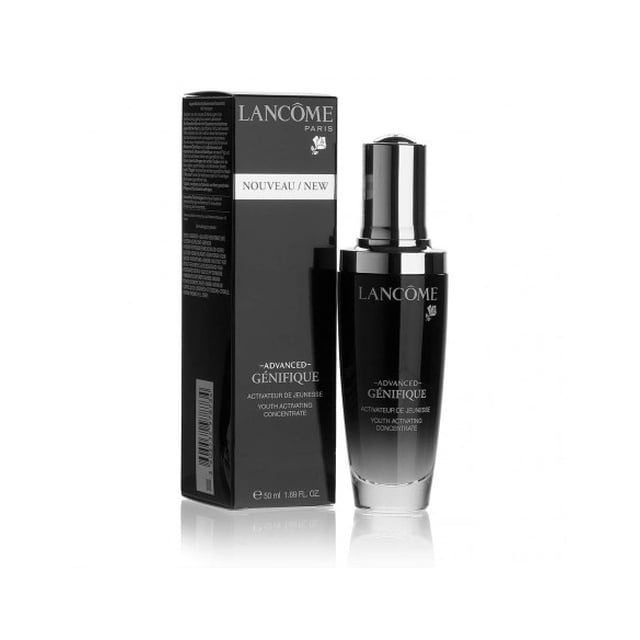 Lancome Genifique 50ml facial serum displayed alongside its sleek black packaging. The bottle features a glossy black finish with silver accents and a dropper cap, developed with advanced Genifique technology for anti-aging and skin rejuvenation. Packaging dimensions are 5.588 x 16.205 x 5.892 cm.
