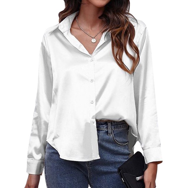 Innerwin Tops Lapel Neck Women Shirts Work Button Down Single Breasted Blouse White S