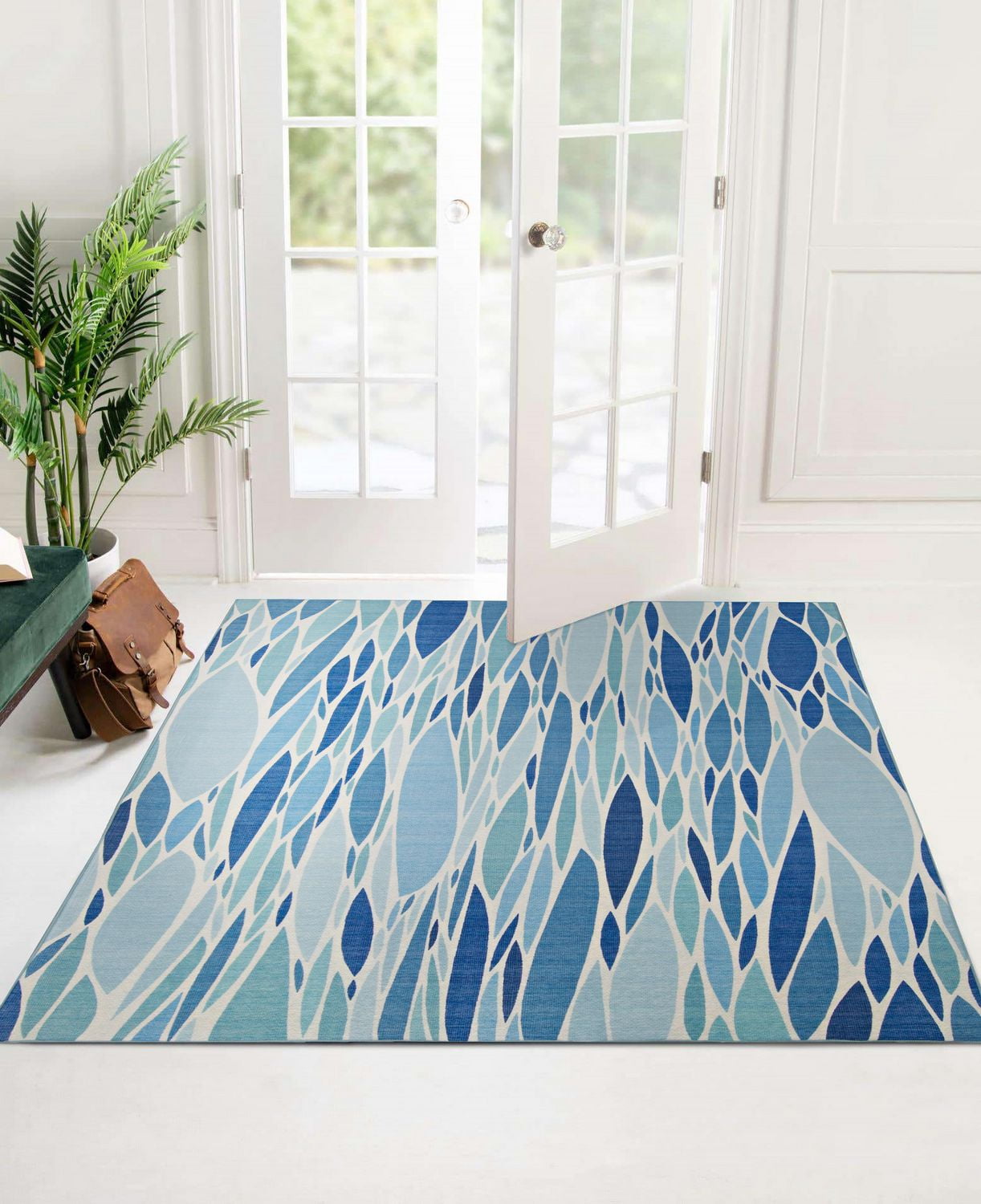 Tapis d'extérieur lavable Pompano bleu & ivoire 5 pi x7 pi