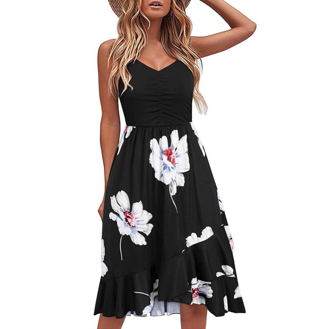 Pisexur Robe Sans Manches à Col en V Mode Robes pour Femmes Col en V Été Imprimé Décontracté Sans Manches Vacances Plage Longueur Genou Robe Femme Robe