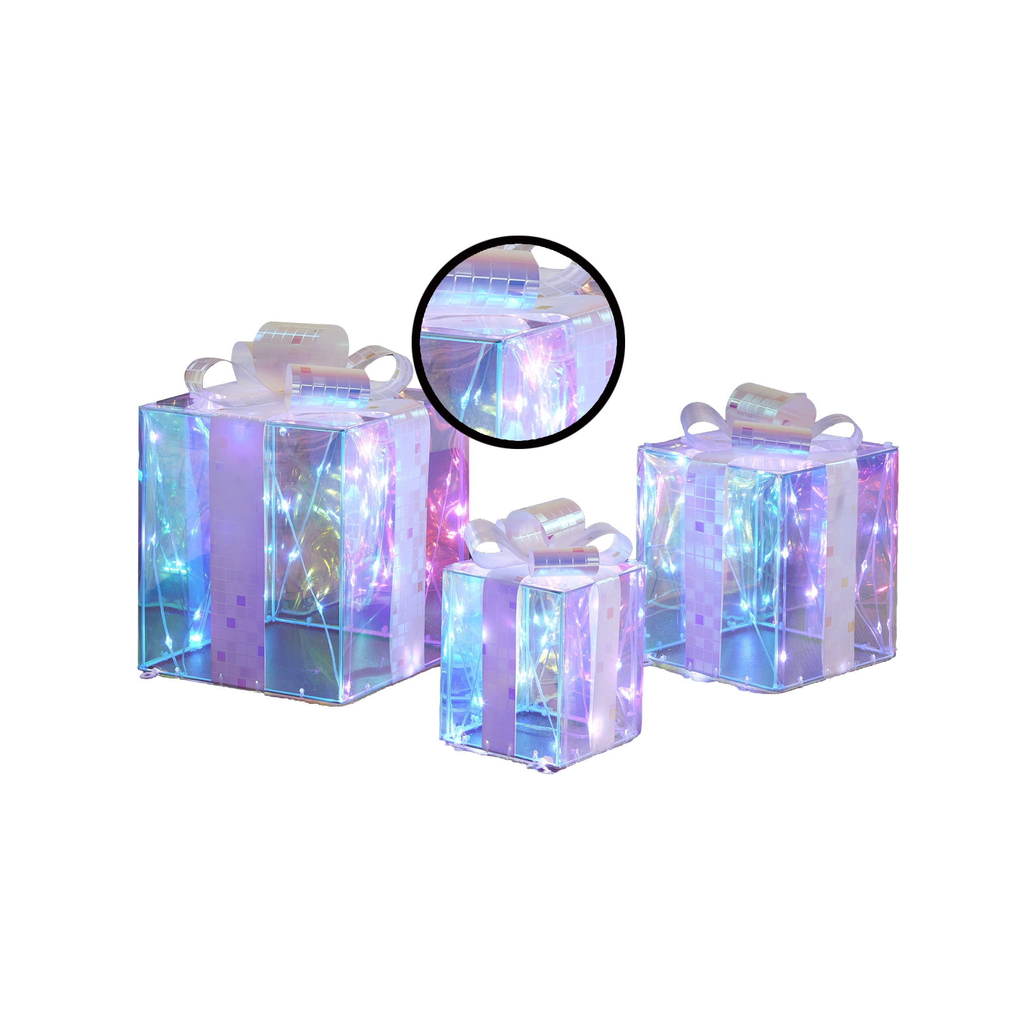 Holiday Time Set of 3 Light-up Prismatic Gift Boxes Christmas Décor, with 80 Cool White LED Lights