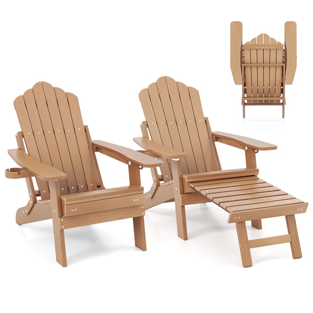 Gymax 2 PCS Folding Adirondack Chair HIPS Fire Pit Chair with Adjustable Backrest in brown. The set includes two chairs made from weather-resistant HIPS material, featuring a 4-position adjustable backrest, retractable footrest, and widened armrests for enhanced comfort. Each chair has a hidden cup holder and a foldable design for easy storage and portability. Suitable for outdoor spaces like patios, gardens, or poolside.