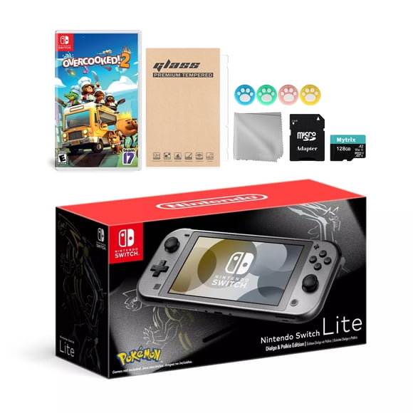 Nintendo Switch Lite Pokemon Dialga & Palkia Limited Edition with Overcooked! 2, Mytrix 128GB MicroSD Card and Accessories NS Game Disc Bundle Best Holiday Gift