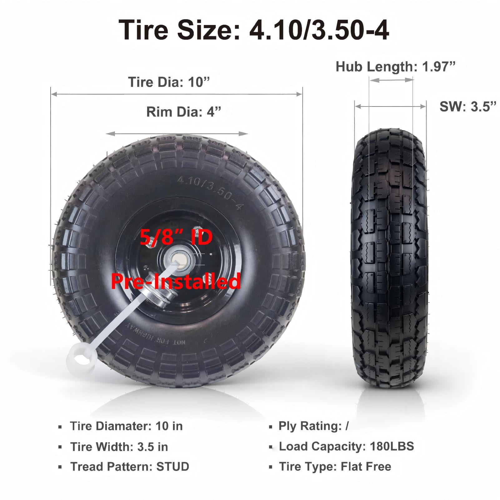 Hi-Run 10" Flat Free 4.10/3.50-4 Wheelbarrow Tire & Wheel Assembly with 5/8" Bushing Pre-Mounted