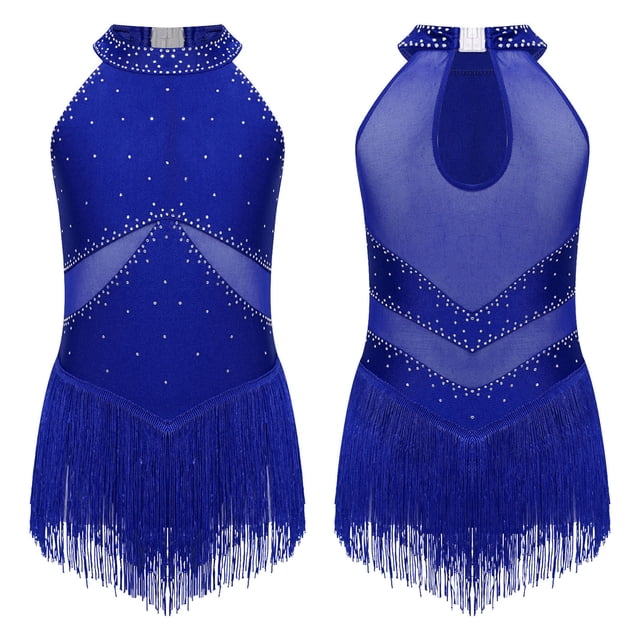 iefiel Fille Enfant Justaucorps à Franges à Pampilles Latin Rumba Salsa Tango Combinaison de Danse Robe Justaucorps Lyrique Bleu 14