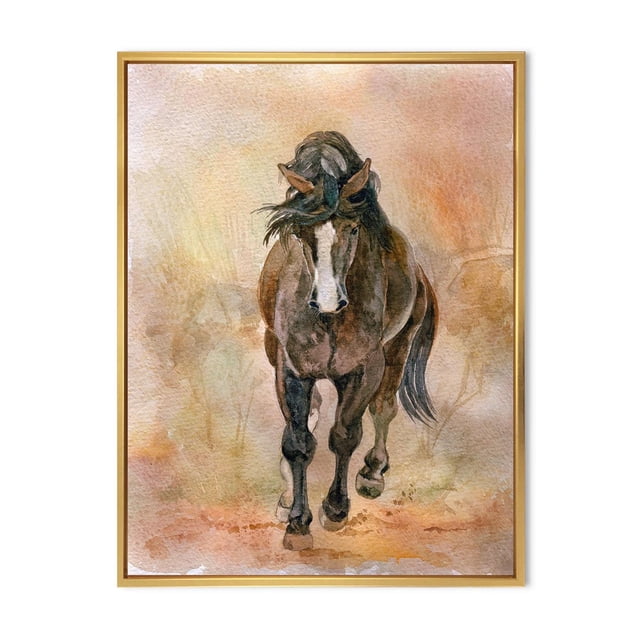 Designart Portrait Of Beautiful Chestnut Horse II FLOAT FRAME WALL ART depicting a front-facing watercolor chestnut horse with a white blaze and flowing dark mane, printed on premium canvas gallery-wrapped over a 1-inch wood subframe and set in a light wood floating frame, ready to hang and ideal for farmhouse-style wall décor.