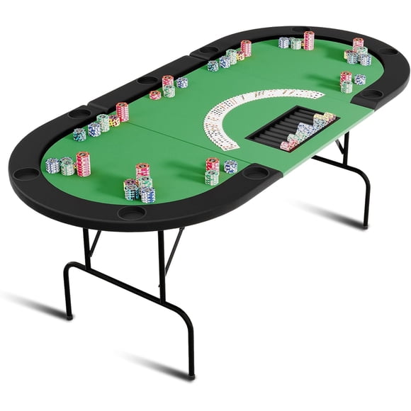 Oval Poker Table with Collapsible Legs, Casino Leisure Gamimg Table for 10 Players, Texas Holdem Blackjack Poker Table with Cup Holders