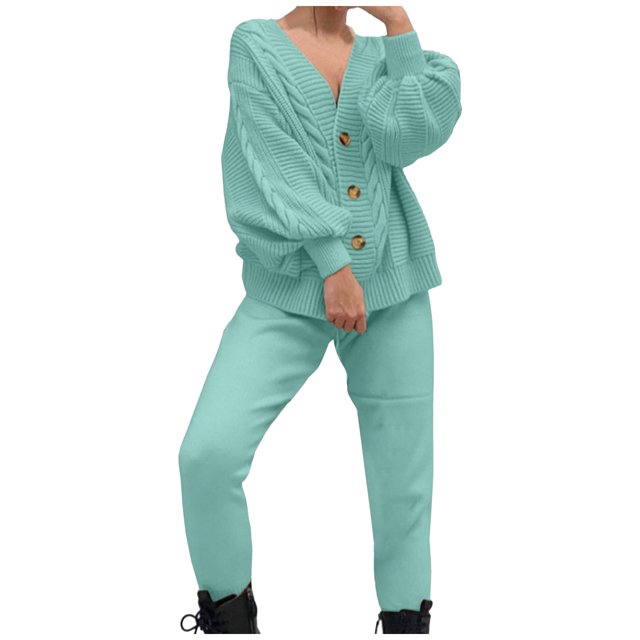 Besolor Womens 2 Piece Outfits Knit Sweater Sets Oversized Button down Cardigan and Slim Long Pants Matching Lounge Set