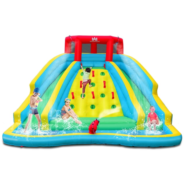 Gymax Inflatable Mighty Water Slide Park Bounce Splash Pool Without Blower featuring a vibrant design with two curved water slides, a climbing wall, and a large splash pool. Made of durable 840D and 420D Oxford material, it includes a water cannon and sprayers for added fun. Suitable for children aged 3-8 years, with a weight capacity of 350 lbs. The setup includes a carrying bag, hose, repair patches, and bouncer stakes. Dimensions are 178 inches long, 144 inches wide, and 92 inches high.