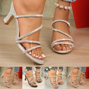 HaiMao Sandales à Talon Bas pour Femmes, Ornées de Strass Scintillants, Bout Carré Ouvert, Chaussures Escarpins de Soirée, Argent 9.5(43)