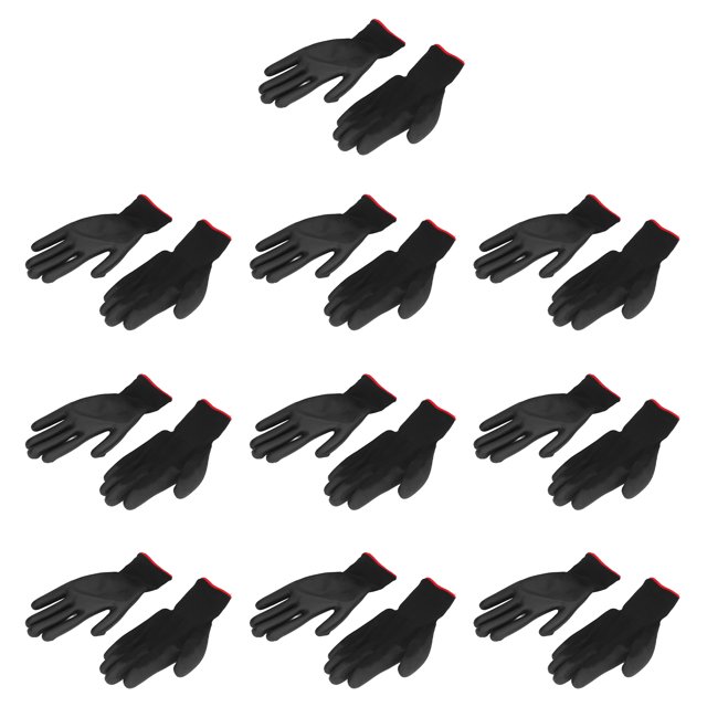 Gants de travail Hommes, Gants du travail Pack 10 Gants de travail de sécurité en paires PU Enduit Statique Proof Nylon Général Noir avec Bord Rouge pour Lab, Atelier électronique, Jardinage