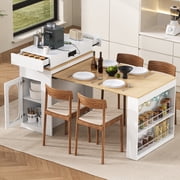 LHYY Extendable Dining Table with Folding Tabletop,Bar Table with Drawers and Power Outlet,Kitchen Island with Wheels and Hooks,Sideboard for Kitchen and Dining Room(Creamy White+Natural)