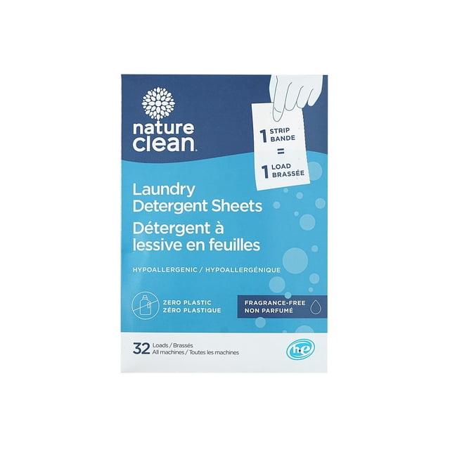 Nature Clean Laundry Sheets fragrance free in blue and white packaging, containing 32 pre-measured hypoallergenic detergent sheets for all machines including HE washers, with zero plastic packaging and eco-friendly laundry care, bilingual English and French text.