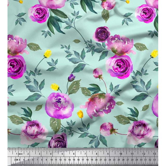 Soimoi Green Cotton Cambric Fabric Leaves & Ranunculus Floral Print Fabric by the Yard 56 Inch Wide