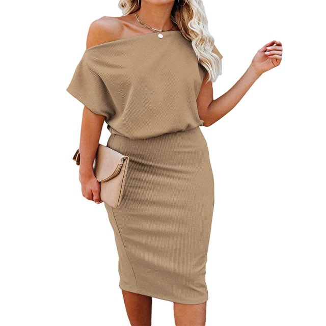 Aiyino Robe Midi Moulante Décontractée de Soirée à Manches Courtes Côtelées pour Femmes, Épaules Dénudées, 2TG Bleu Royal