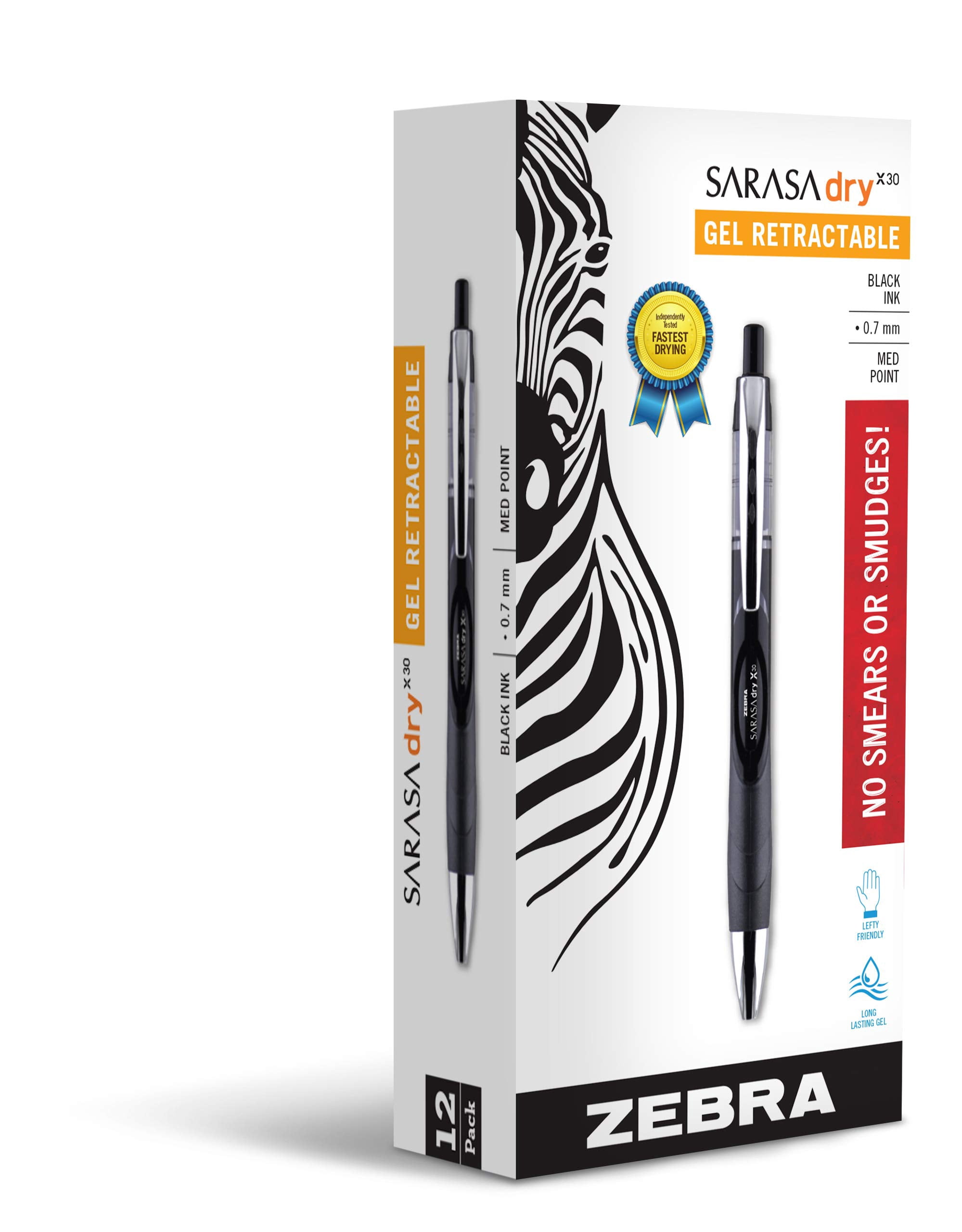 Zebra Pen Sarasa Dry X30 Retractable Gel Pen, Medium Point, 0.7mm, Black Ink, 12-Pack