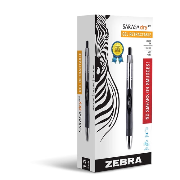 Zebra Pen Sarasa Dry X30 Retractable Gel Pen, Medium Point, 0.7mm, Black Ink, 12-Pack