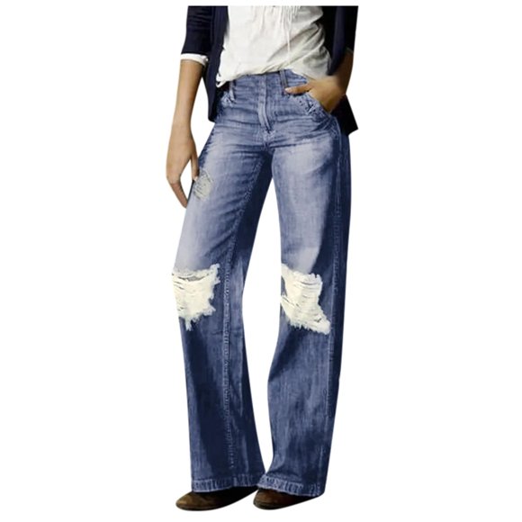 Bmisegm Women Retro Fashion Casual Straight Wwide Leg Ripped Loose Large Size Trousers Jeans Y2K Jeans for Women Blue XXL