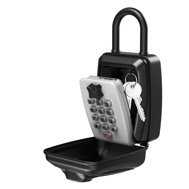 Key Safety Box 9-Digit Push-Button Combination Lock by Zilai, designed for secure outdoor key storage. The black and silver lock box features a resettable 12-button keypad and a large-capacity interior that holds up to 5 keys, with a key hook for organization. Made with waterproof, dustproof, and rustproof materials, it ensures durability and protection against the elements. Suitable for use as a safe box or lock box, the image shows the box open, displaying keys inside and the push-button keypad.