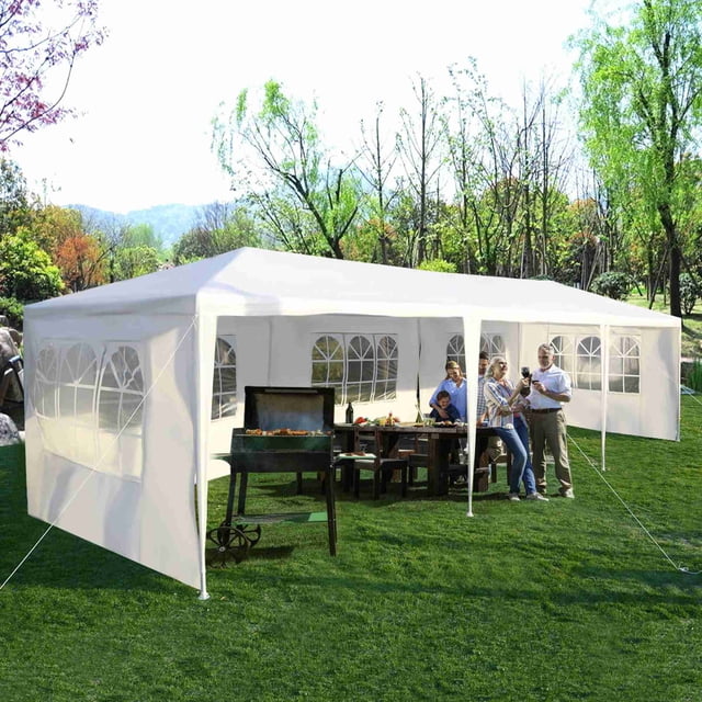 Costway Chapiteau de Patio Extérieur 10'x30 Pieds pour Fête et Mariage, Auvent de Gazebo Robuste pour Événements Installé sur une Pelouse Gazonée. le Toit en Polyéthylène Blanc Présente Cinq Parois Latérales avec de Grandes Fenêtres Arquées, Soutenu par un Cadre en Acier Enduit de Poudre Résistant à la Rouille et à la Corrosion. Cordes et Piquets Offrent une Stabilité Accrue. Convient aux Événements Extérieurs comme les Fêtes, les Mariages et les Rassemblements dans la Cour Arrière.