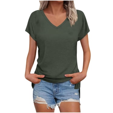 Ohufall Womens Casual Tops Ladies V Neck Loose Fit Summer Tee Breathable Stretch Short Sleeve T-Shirts