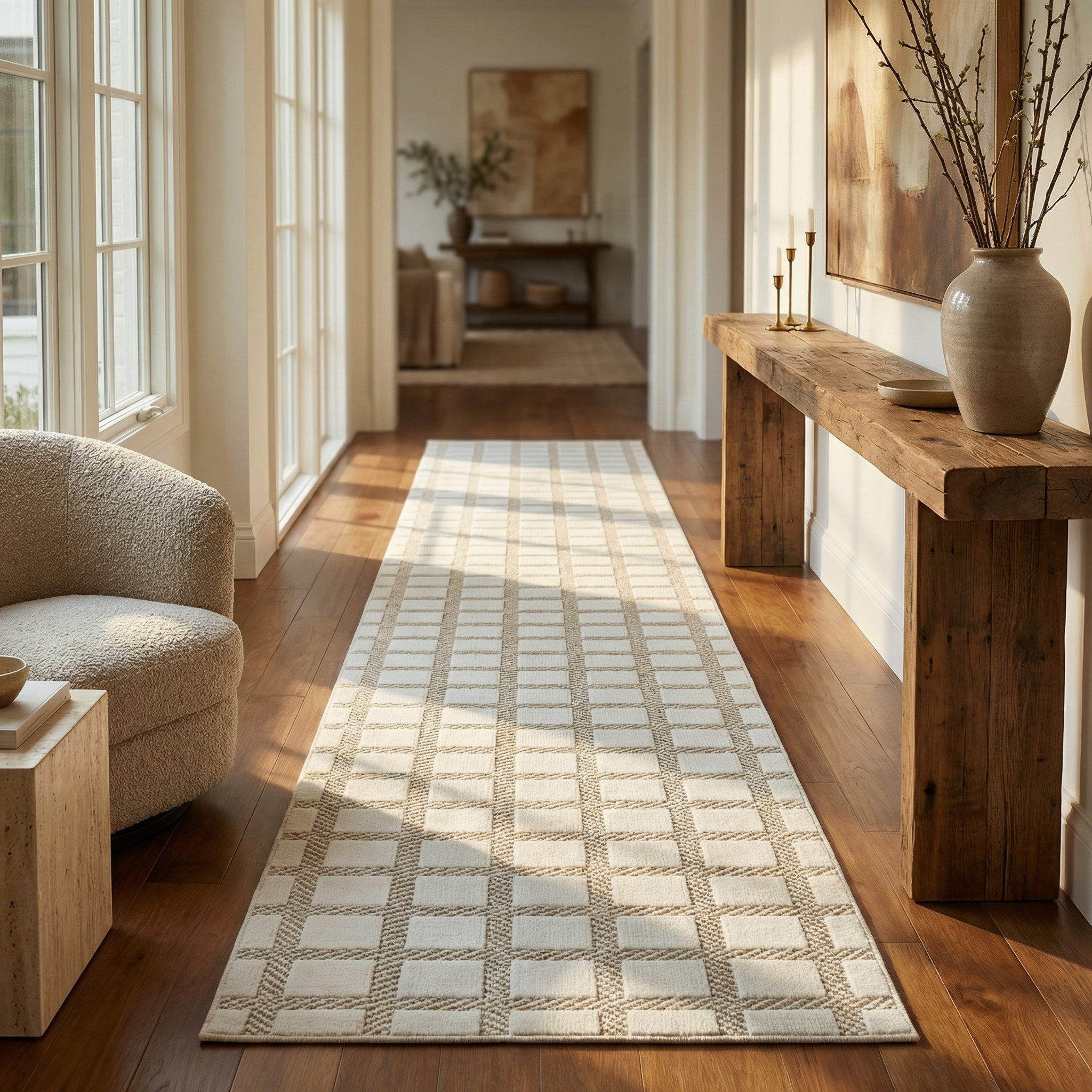 Tapis d'interieur exterieur a carreaux Rug Branch Maise, beige creme, moderne - Entree, couloir, salle de bain et cuisine