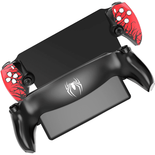 Faceplates cover for PlayStation Portal, a replacement housing shell case designed for the PS5 handheld remote player. The protective panels include a black front and back skin with a spider emblem and red side grips featuring a web-like design. Crafted for durability, it protects against impacts and scratches while offering a personalized and stylish look. The transparent controller case enhances the gaming experience by revealing the internal structure.