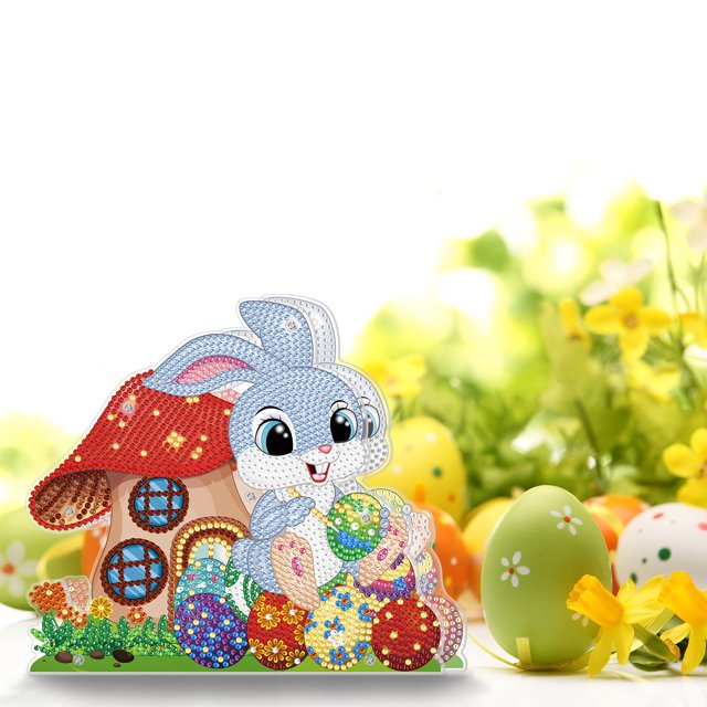 EGNMCR Easter DIY 5D Diamond Art Painting Kits, Easter Rabbit Eggs Tabletop Decoration With LED String Light, Cute Diamond Paintings Ornament For Easter Day, Gift