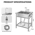 thumbnail image 4 of BeesClover Stainless Steel Utility Sink, Freestanding Single Bowl with Hot/Cold Faucet, Adjustable Legs, Storage Shelf, for Kitchen, Garage, Outdoor Use, 4 of 7