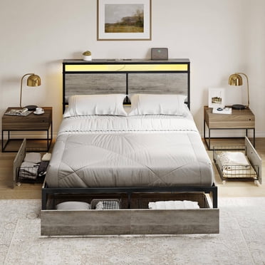 GUNAITO LED Platform Bed Frame, Queen Size with Headboard and 4 Storage Drawers, Gray
