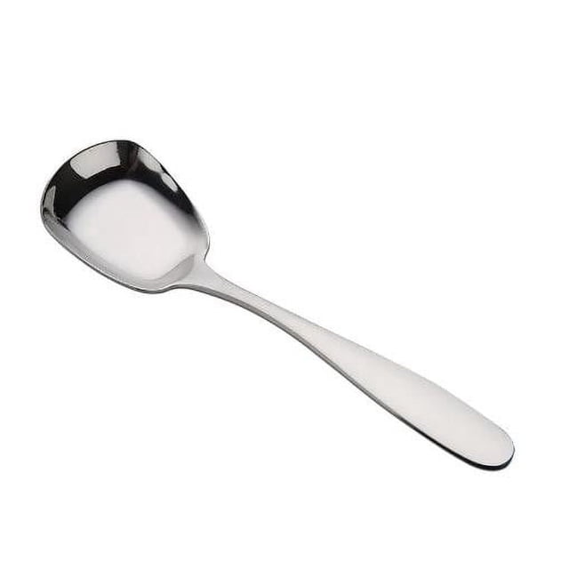 Vaidha stainless steel square flat bottom spoon with a polished mirror finish, designed for dining and entertaining. Features a stable handle and elegant design, suitable for serving congee, soup, rice, watermelon, dessert, and coffee. Dimensions: 17 x 4.4 cm.