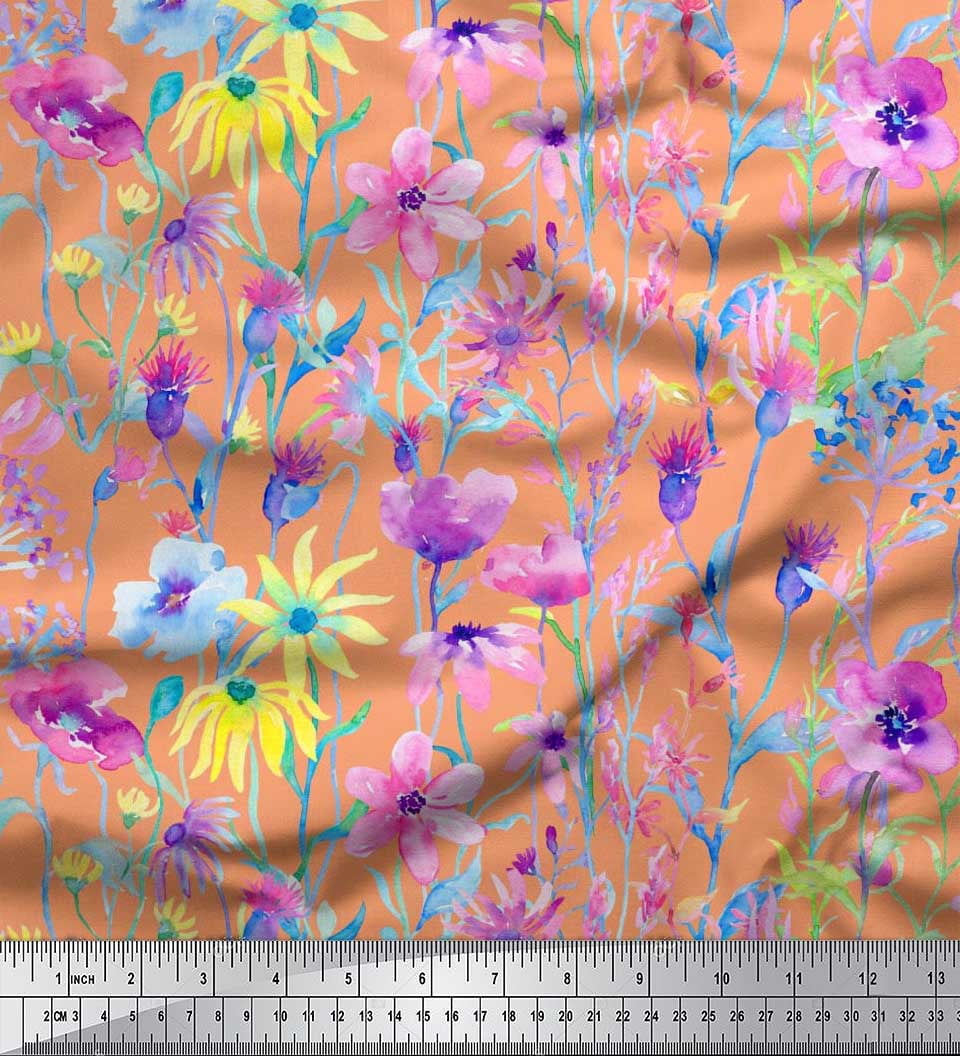 Soimoi Rayon Crepe Fabric Flower Watercolor Print Fabric by Yard 46 Inch Wide